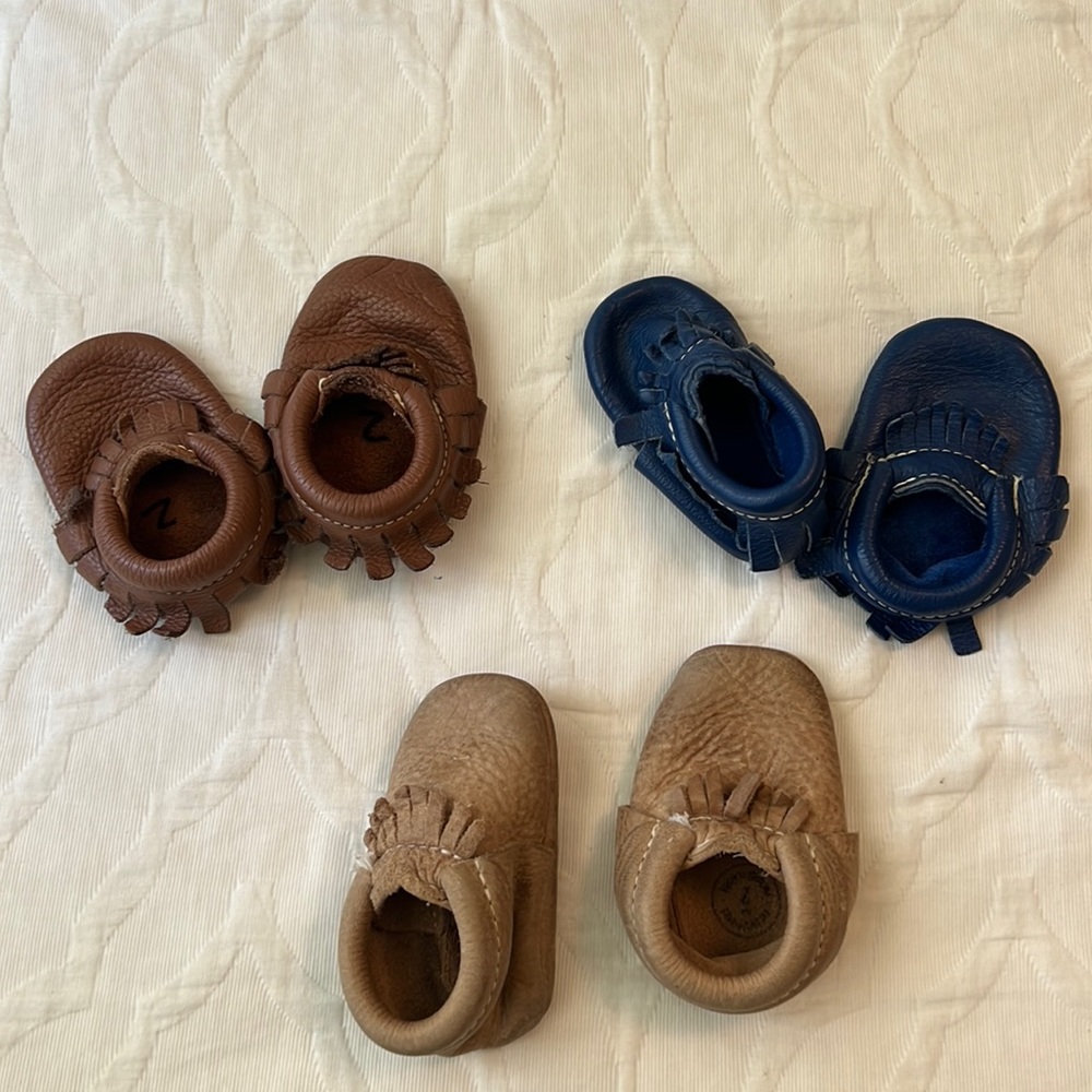 Lot of Freshly Picked moccasins Tan, Brown, and Blue size 2 Used